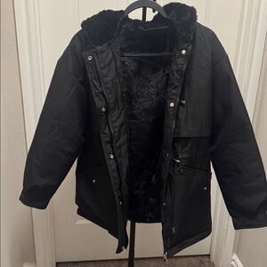 Warm Black Hooded Coat with Faux Fur